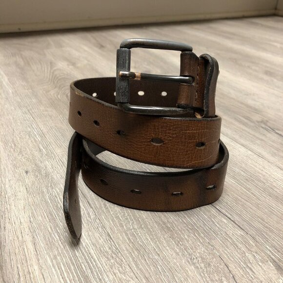 Vintage Levi\'s Genuine Brown Leather Belt Dark Steel Rolled Buckle Western Belt